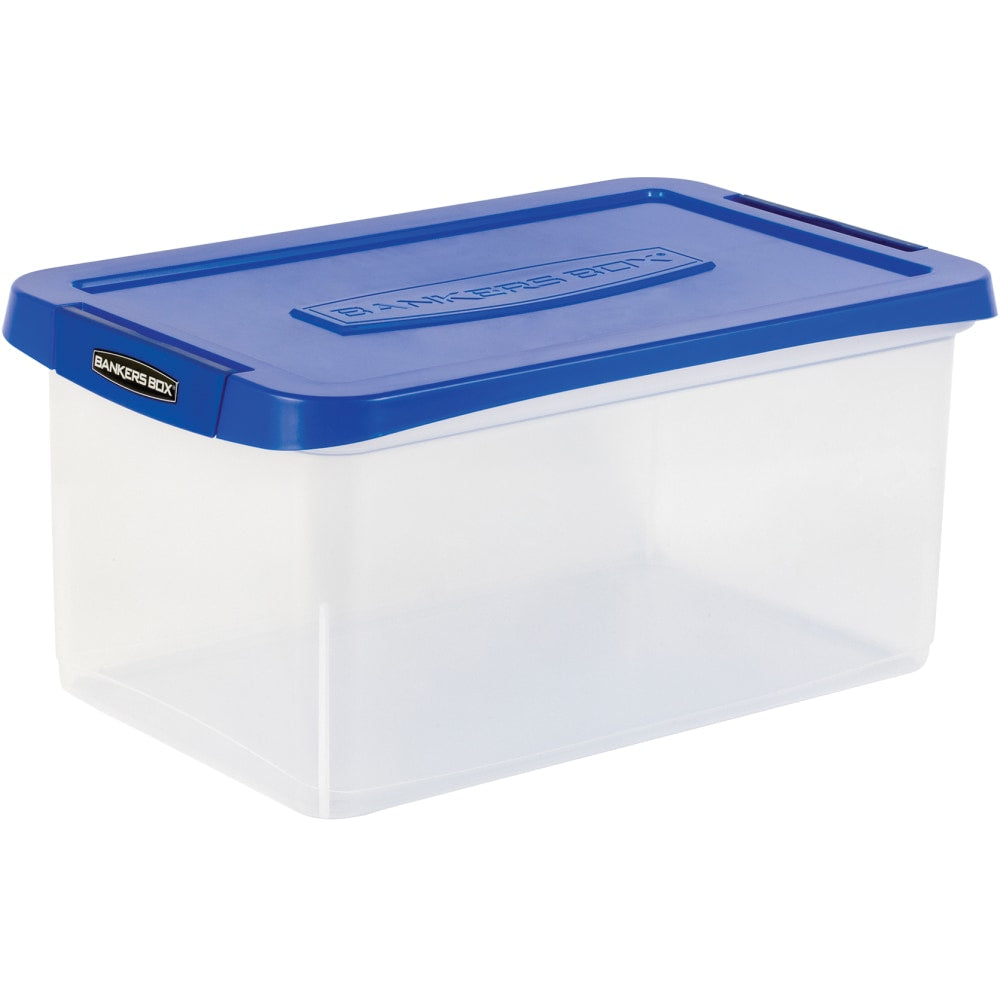 Bankers Box Heavy-Duty Plastic Storage Bin, Extra Deep 20in Letter, 10-3/8in x 14-1/4in, TAA Compliant, Clear/Blue, Pack of 1