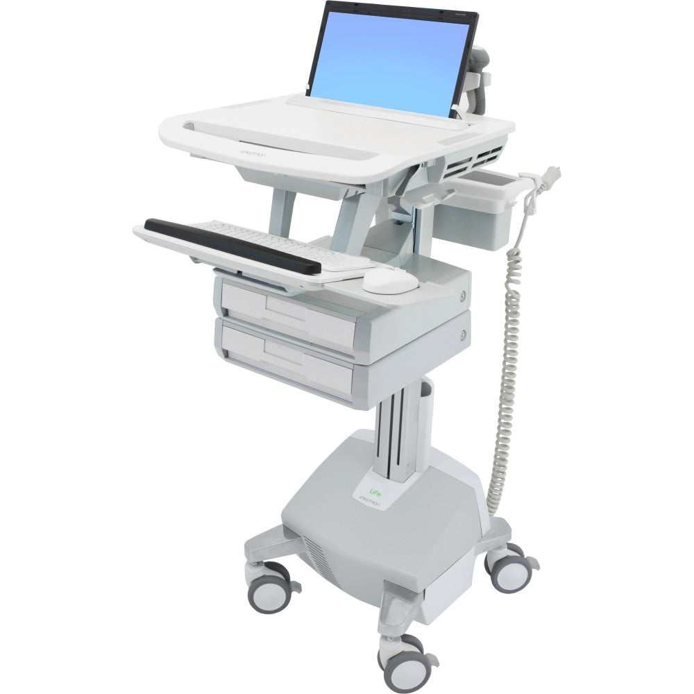 Ergotron StyleView Laptop Cart, LiFe Powered, 2 Drawers - Up to 17.3in Screen Support - 22 lb Load Capacity - 50.5in Height x 18.3in Width x 30.8in Depth - Floor Stand - Aluminum - White, Gray