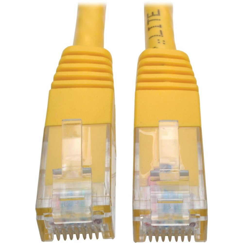 Tripp Lite Cat6 Cat5e Gigabit Molded Patch Cable RJ45 M/M 550MHz Yellow 1ft 1ft - 128 MB/s - Patch Cable - 1 ft - 1 x RJ-45 Male Network - 1 x RJ-45 Male Network - Gold Plated Contact - Yellow