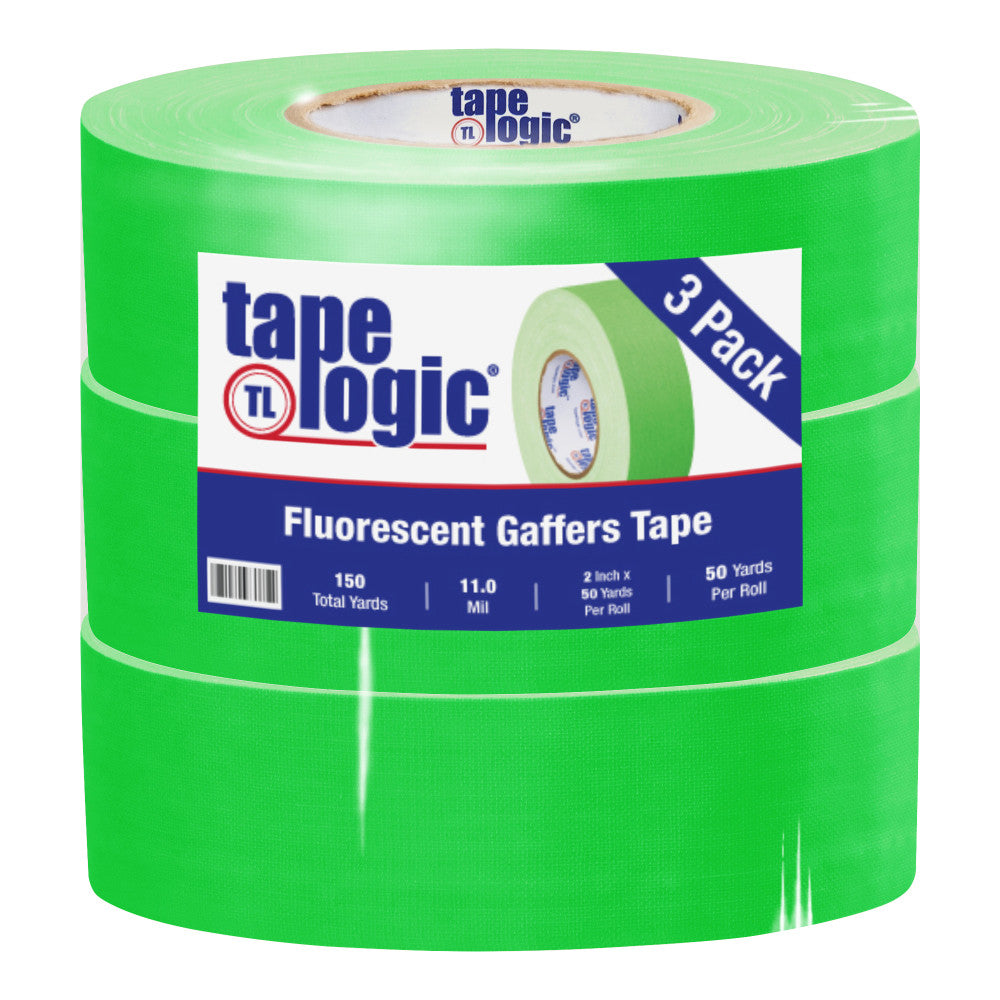 Tape Logic Gaffers Tape, 2in x 50 Yd., Fluorescent Green, Case Of 3 Rolls