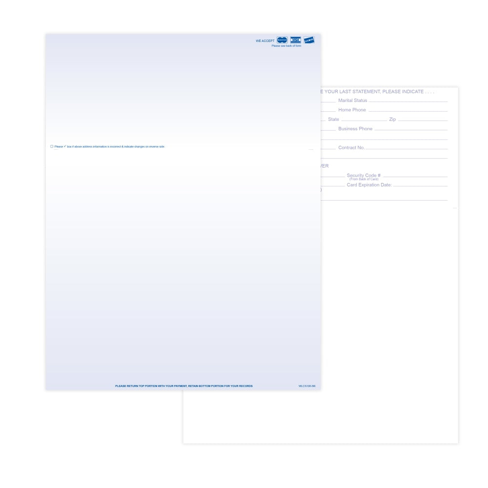 Laser 2-Sided Healthcare Medical Billing Statements, Preprinted MC/Visa/Discover Credit Card Accepted, 1-Part, 8-1/2in x 11in, Blue, Pack Of 2,500 Sheets