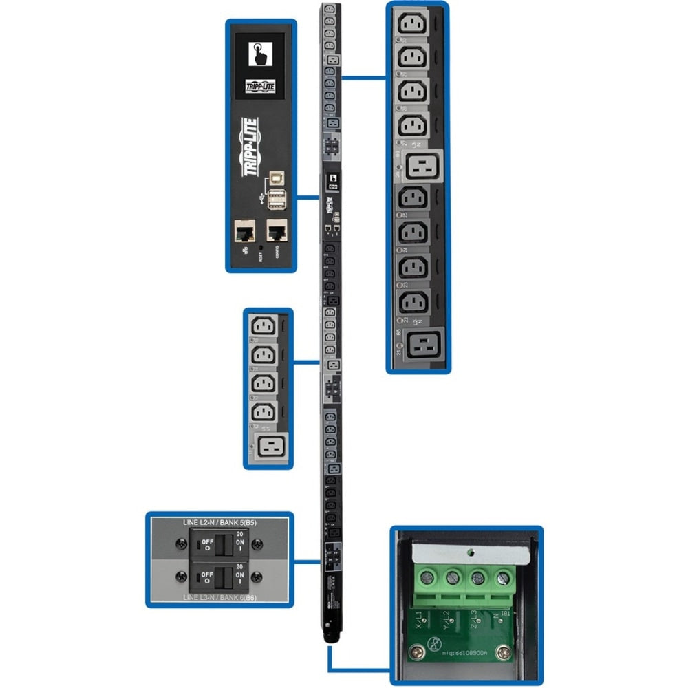 Tripp Lite 28.8kW 3-Phase Switched PDU, LX Platform Interface, 220/230/240V Outlets (24 C13/6 C19), LCD, Hardwire 380/400/415V Input, 0U, TAA - Power distribution unit (rack-mountable) - 40 A - AC 380/400 V