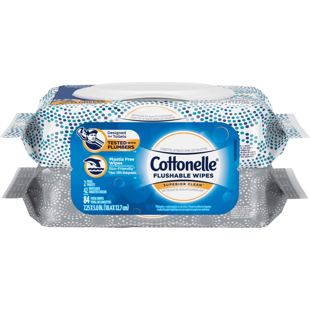 Cottonelle Flushable Wet Wipes Flip-Top Pack - 16 Pouches - 7.25in x 5in - White - Flushable, Quick Drying, Sewer-safe, Septic Safe - 42 Per Pack - 8 / Carton