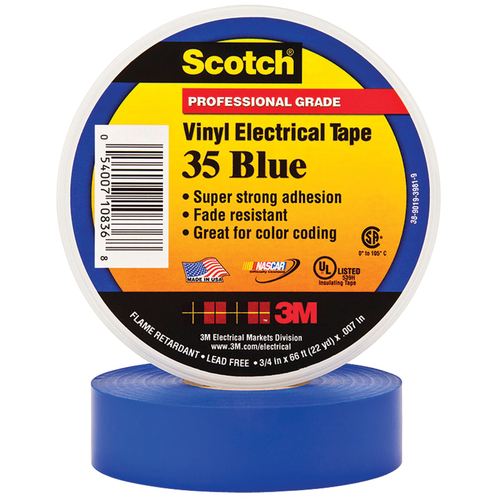 3M 35 Color-Coded Vinyl Electrical Tape, 1.5in Core, 0.75in x 66ft, Blue, Pack Of 100
