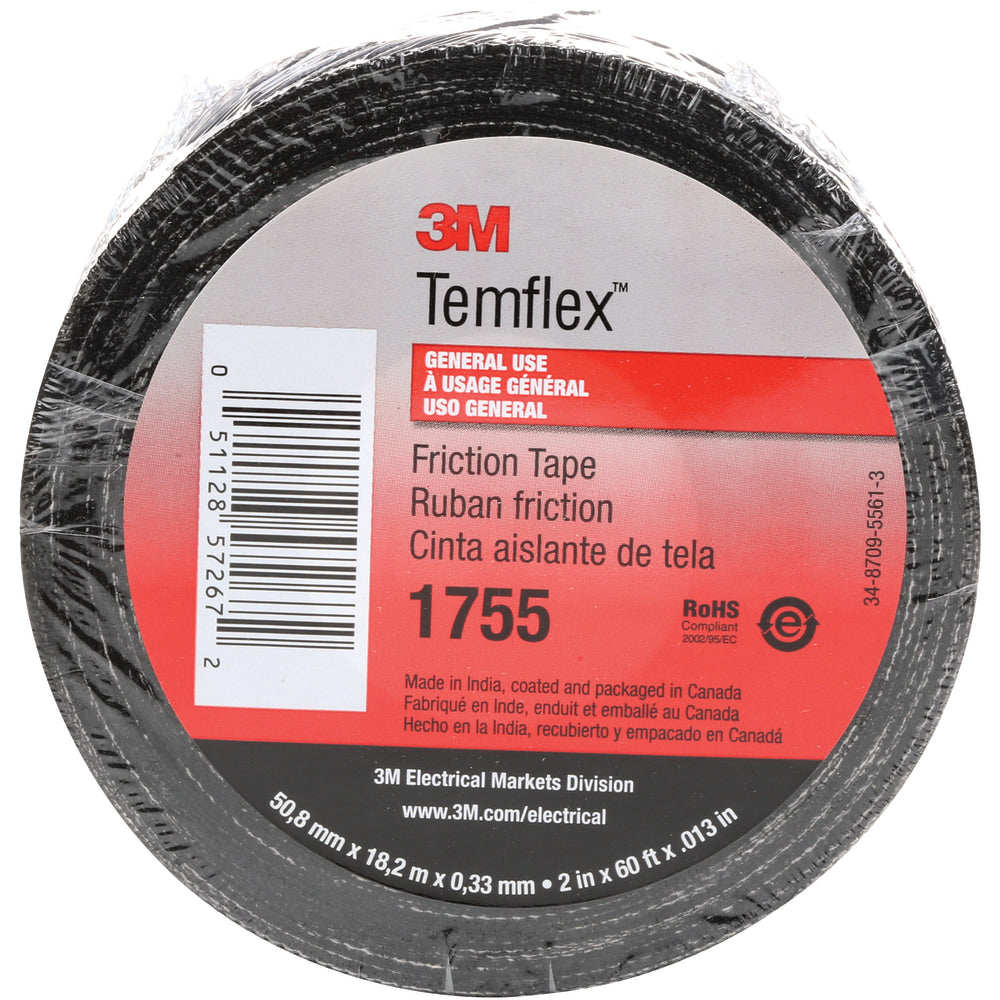 3M 1755 Cotton Friction Tape, 3in Core, 3/4in x 60ft, Black, Case Of 20
