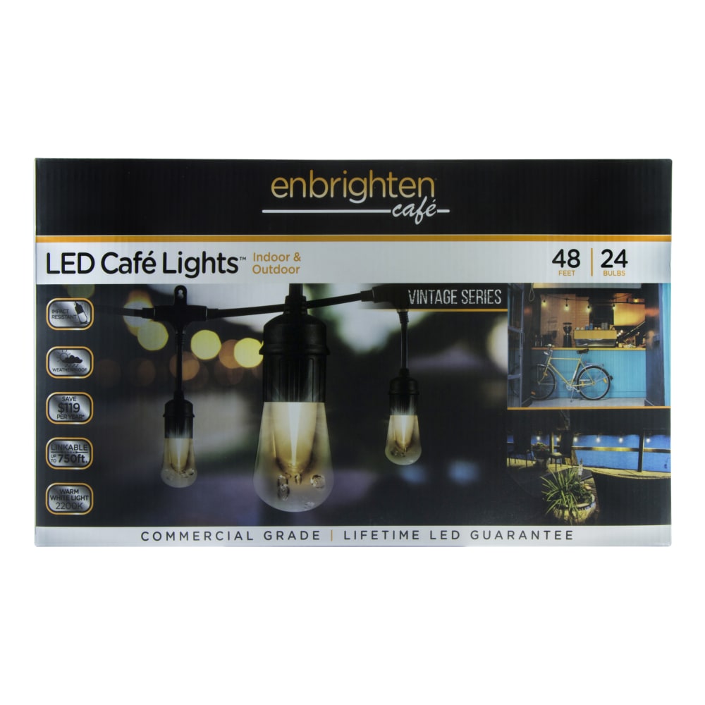Enbrighten Vintage LED Cafe Lights, 48ft, Indoor/Outdoor, Black Cord/White Lights