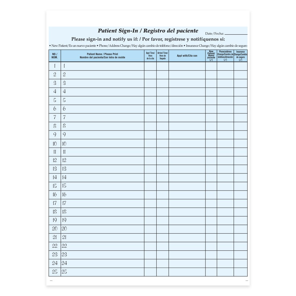 HIPAA Compliant Bilingual Patient/Visitor Privacy 2-Part Sign-In Sheets, 8-1/2in x 11in, Blue, Pack Of 125 Sheets