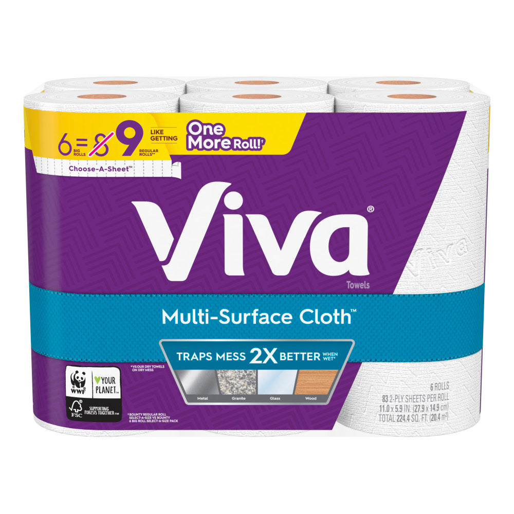 Kimberly-Clark Viva Multi-Surface Choose-A-Sheet 1-Ply Paper Towels, 83 Sheets Per Roll, Pack Of 6 Rolls