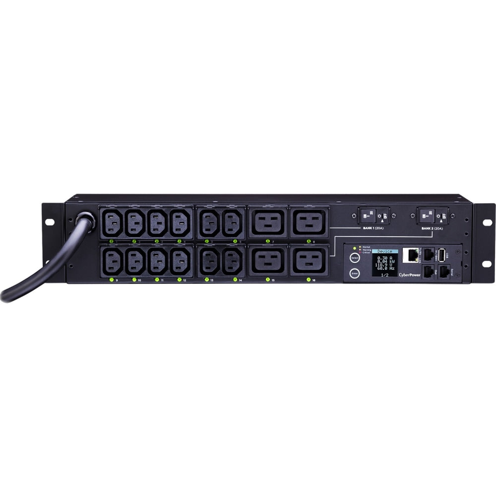 CyberPower PDU81008 200 - 240 VAC 30A Switched Metered-by-Outlet PDU - 16 Outlets, 12 ft, NEMA L6-30P, Horizontal, 2U, LCD, 3YR Warranty
