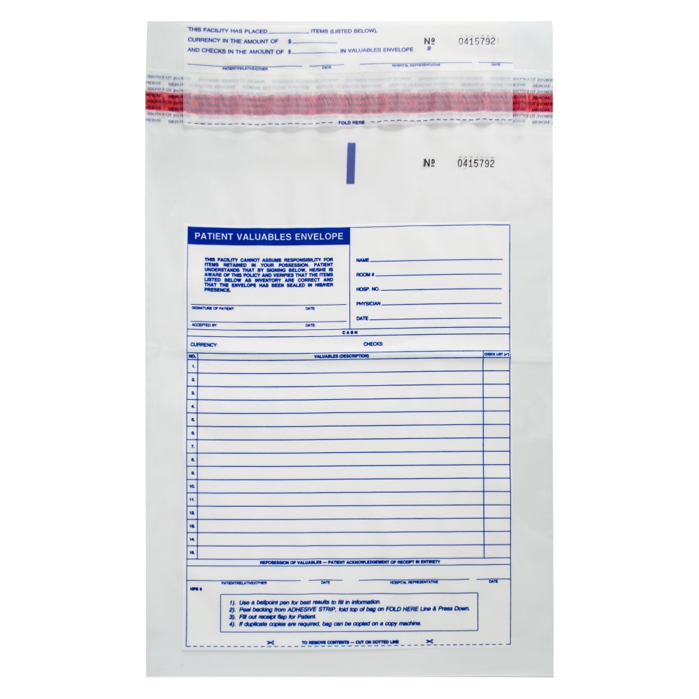 Patient Valuables Tamper Evident Form and Plastic Bag Combination, Sequentially Numbered, 10in x 13in, Pack of 2,500
