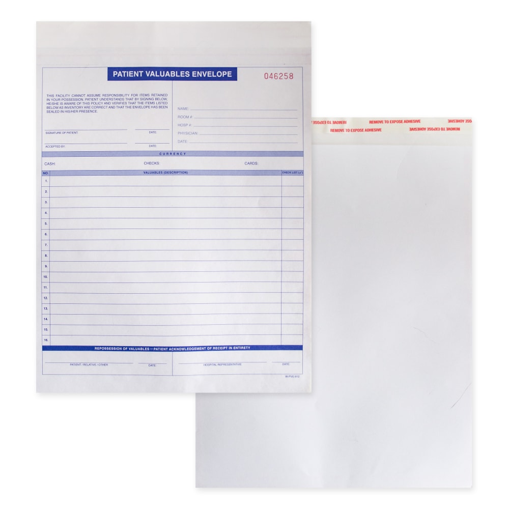 Patient Valuable Form And Paper Envelope, Sequentially Numbered, 3-Part, 9in x 12in, Pack Of 500 Sets