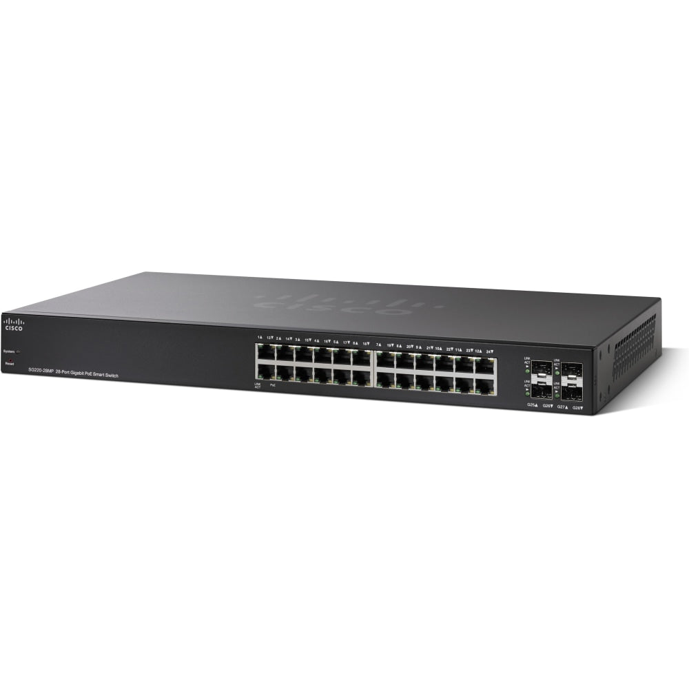Cisco SG220-28MP 28-Port Gigabit PoE Smart Switch - 24 Ports - Manageable - 2 Layer Supported - Modular - 4 SFP Slots - Twisted Pair, Optical Fiber - 1U High - Rack-mountable, Desktop - Lifetime Limited Warranty