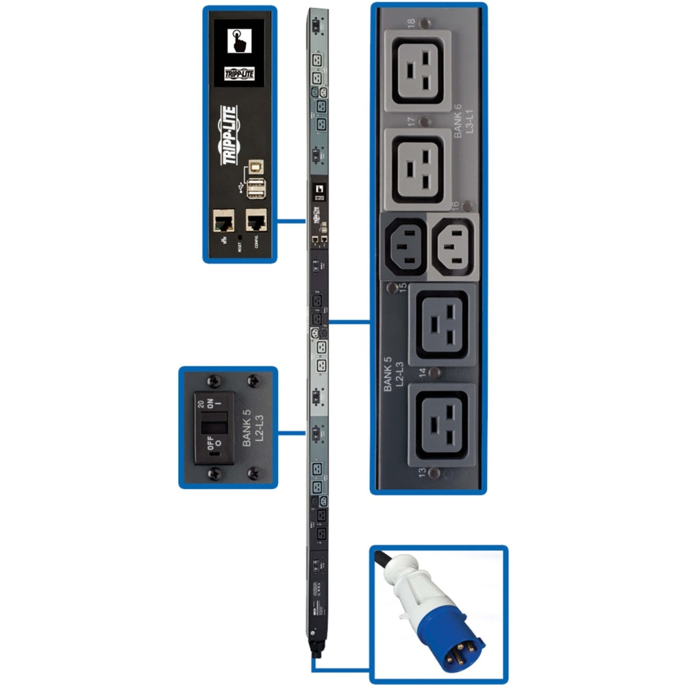 Tripp Lite PDU 3-Phase Monitored Per-Outlet PDU - 16.2kW LX Platform, 12 C19 & 6 C13 Outlets (208/240V), IEC 309 60A Blue, 0U, TAA - Power distribution unit (rack-mountable)