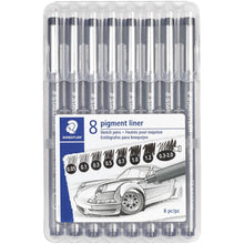 Load image into Gallery viewer, Staedtler 8 Pigment Liner Sketch Pen Set - 0.05 mm, 0.1 mm, 0.3 mm, 0.5 mm, 0.7 mm, 1 mm, 1.2 mm, 0.3 mm, 2 mm Pen Point Size - Chisel Pen Point Style - Black Pigment-based Ink - Gray Polypropylene Barrel - Metal Tip - 8 / Set