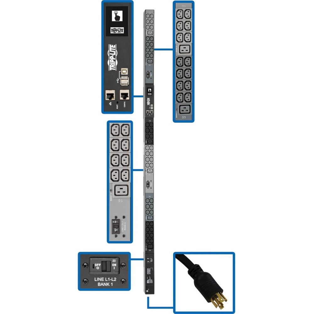 Tripp Lite 10kW 3-Phase Monitored PDU, LX Interface, 200/208/240V Outlets (42 C13/6 C19), LCD, NEMA L15-30P, 3m/10 ft. Cord, 0U 1.8m/70 in. Height, TAA - Power distribution unit (rack-mountable) - 24 A - AC 200/208/240 V