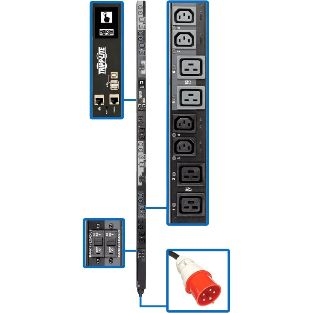 Tripp Lite 25.2kW 3-Phase Switched PDU - 12 C13 & 12 C19 Outlets, IEC 309 60A Red, 0U, Outlet Monitoring, TAA - Power distribution unit (rack-mountable) - 35 A - AC 415 V - 25.2 kW - 3-phase - Ethernet 10/100/1000
