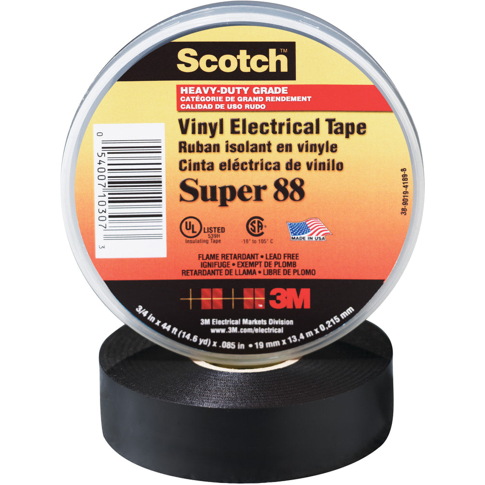 3M Super 88 Electrical Tape, 1.5in Core, 1.5in x 44ft, Black, Pack Of 10