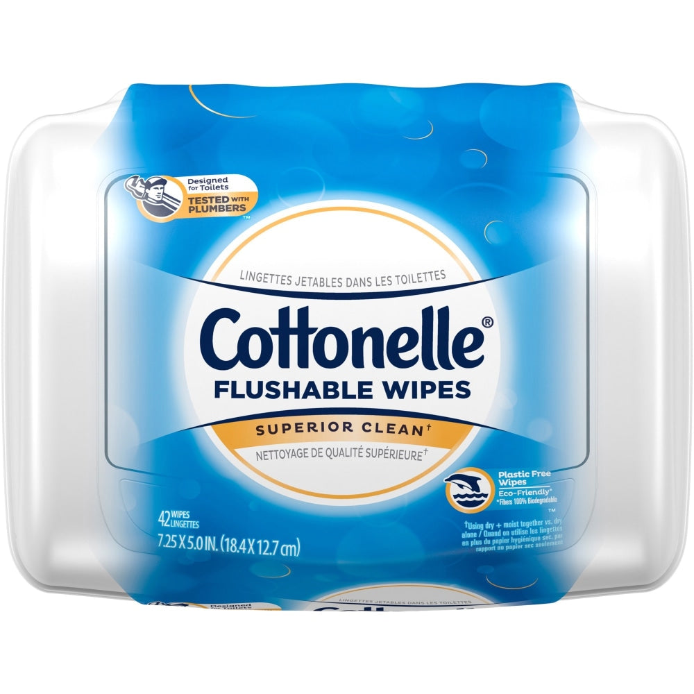 Cottonelle Flushable Wet Wipes - 7.25in x 5in - White - Flushable, Quick Drying, Alcohol-free, Sewer-safe, Septic Safe, Moisturizing - For Home, Office, School - 42 Per Pack - 8 / Carton