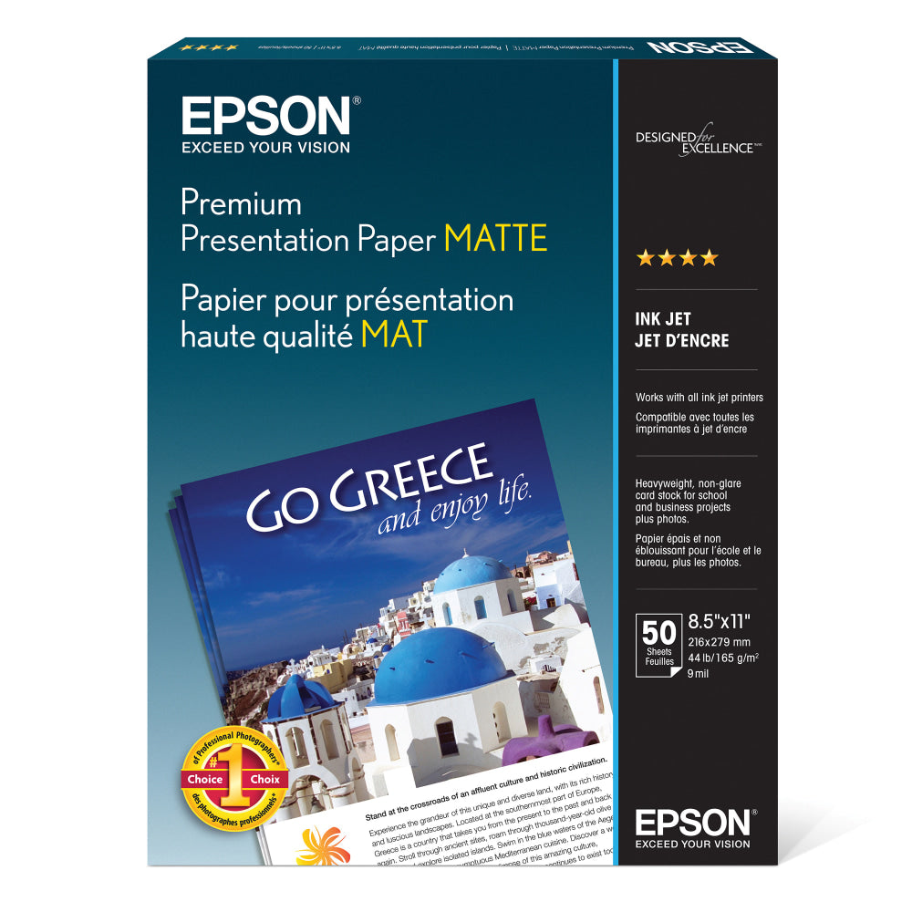 Epson Premium Presentation Paper, Letter Size (8 1/2in x 11in), 44 Lb, White, Pack Of 50 Sheets