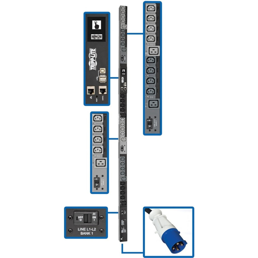 Tripp Lite 14.5kW 3-Phase Switched PDU, LX Interface, 200/208/240V Outlets (24 C13/6 C19), LCD, IEC 309 60A Blue, 1.8m/6 ft. Cord, 0U 1.8m/70 in. Height, TAA - Power distribution unit (rack-mountable) - 24 A - AC 200/208/240 V