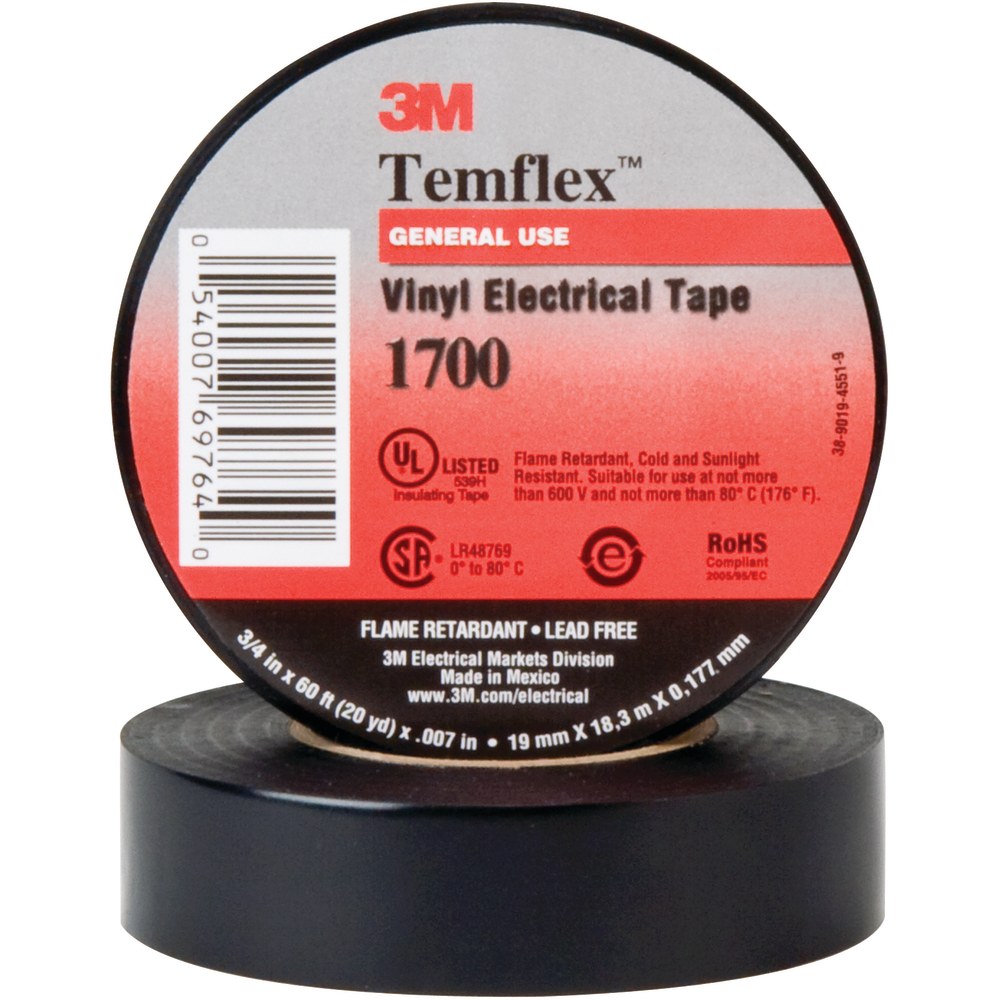 3M 1700 Electrical Tape, 1.5in Core, 0.75in x 60ft, Black, Case Of 100