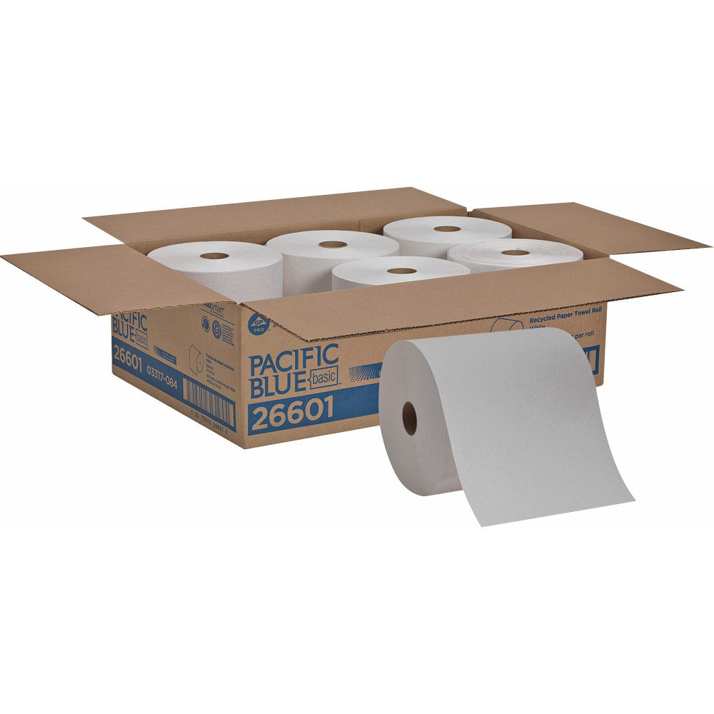 Pacific Blue Basic Recycled Paper Towel Roll - 1 Ply - 7.88in x 800 ft - White - Absorbent, Chlorine-free, Nonperforated - For Multipurpose - 6 / Carton