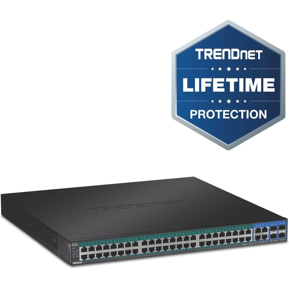 TRENDnet 52-Port Web Smart PoE+ Switch; 48 x Gigabit PoE+ Ports; 4 x Shared Gigabit Ports (RJ-45 or SFP); VLAN; QoS; LACP; IPv6 Support; 740W PoE Power Budget; Lifetime Protection; TPE-5048WS - 52-Port Gigabit Web Smart PoE+ Switch (740W)