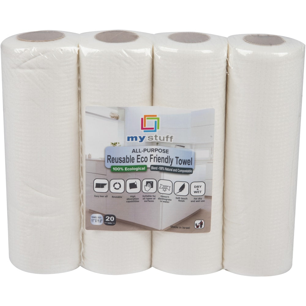 Mind Reader My Stuff 1-Ply Reusable Paper Towels, 11in x 8-13/16in, White, 20 Sheets Per Roll, Pack Of 4 Rolls