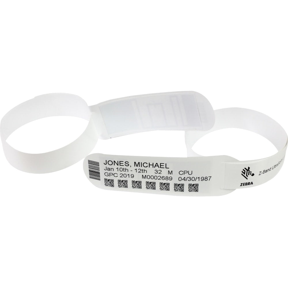 Zebra Z-Band UltraSoft Wristband Cartridge Kit (White) - 1in Width x 6in Length - Permanent Adhesive - Direct Thermal - White - Polypropylene, vinyl - 300 / Roll - 6 / Roll