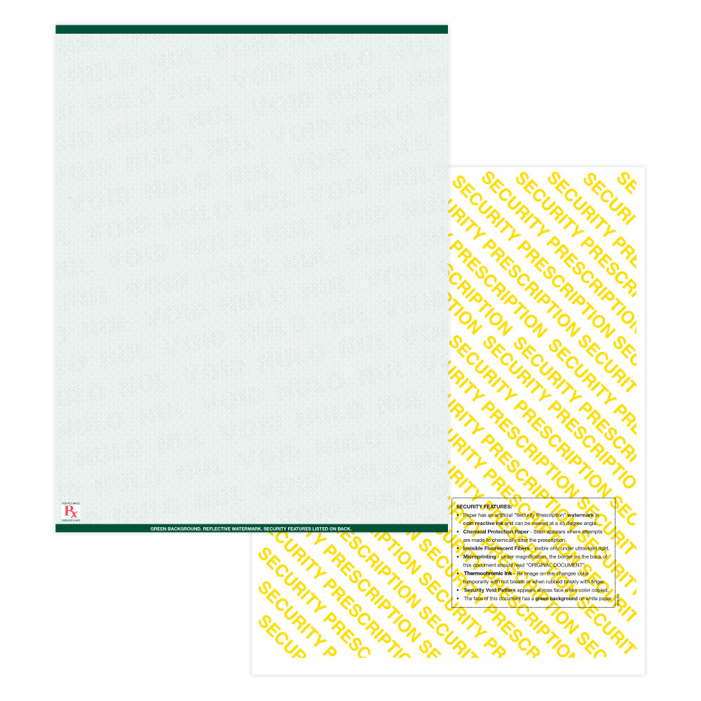 Medicaid-Compliant High-Security Perforated Laser Prescription Forms, Full Sheet, 1-Up, 8-1/2in x 11in, Green, Pack Of 1,000 Sheets