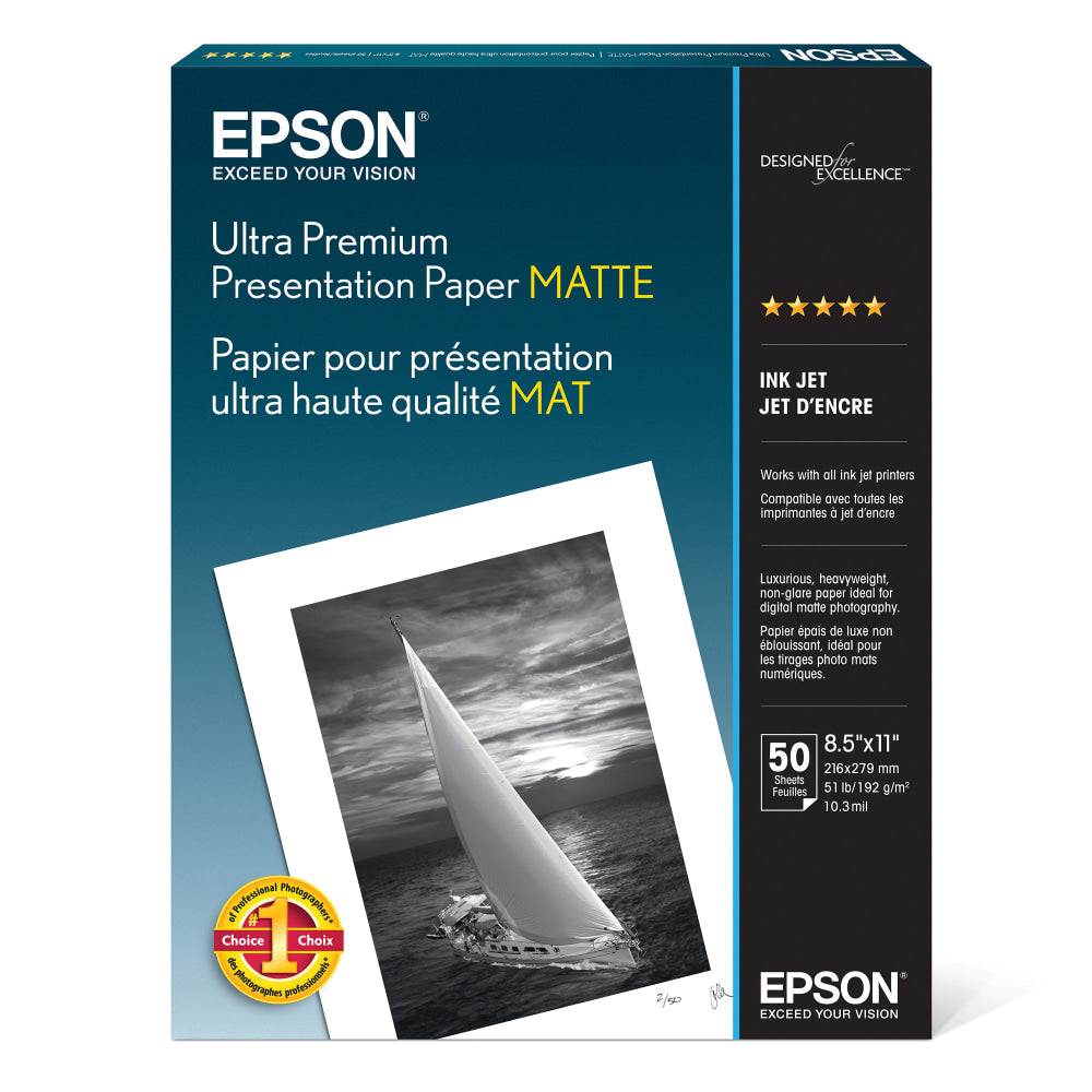 Epson Archival Matte Photo Paper, Letter Size (8 1/2in x 11in), 51 Lb, Pack Of 50 Sheets, # S041341