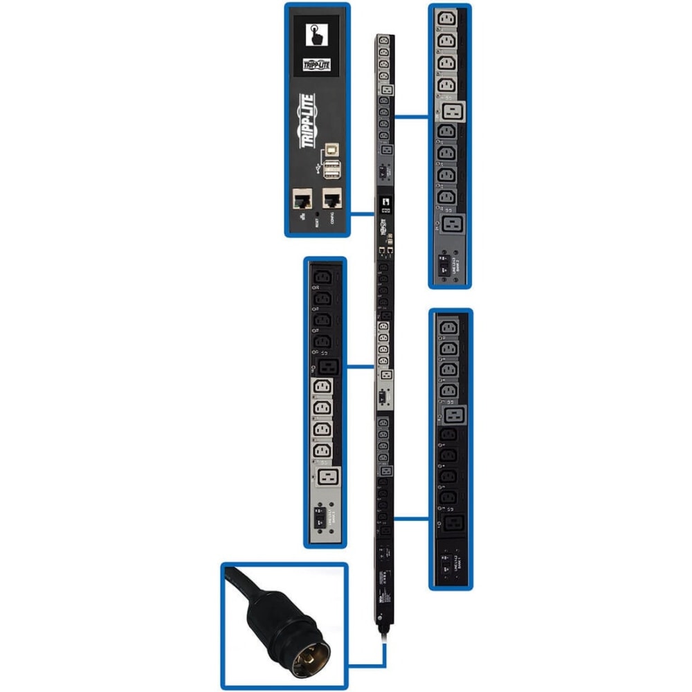 Tripp Lite 14.5kW 3-Phase PDU, Vertical, Switched, 0U, 24 IEC C13, 6 IEC C19 to Hubbell 50A CS8365C